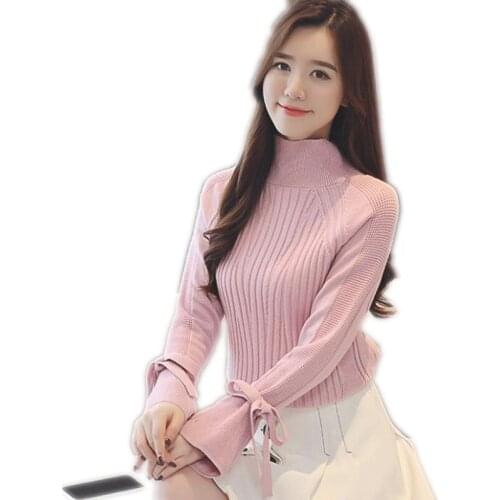 Spring Women Knitted Tops Pull Female Short Sweater Pullovers 2019 New Long Flare Sleeve Bow Turtleneck Knitted Tops Mujer Q1296