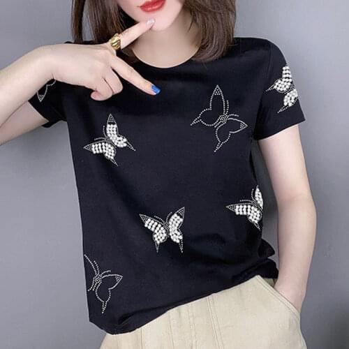 Heavy industry butterfly hot drill black short sleeve T-shirt women 2021 summer new fashion slim coat women