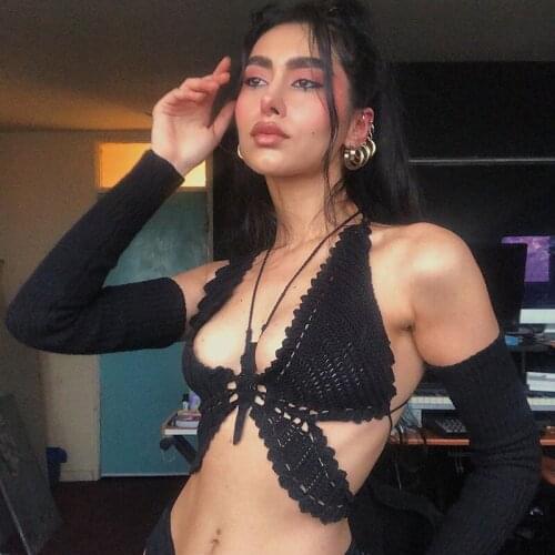 Women Camisole Backless Bandage Hollow Out Halter Cropped Sexy Knitted Butterfly Tank Tops Summer Club Party Beach Vacation Vest