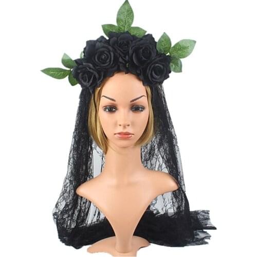 Women Floral Headdress Rose Flower Mesh Lace Headbands for Halloween Party Carnival Vintage Costume Party Props