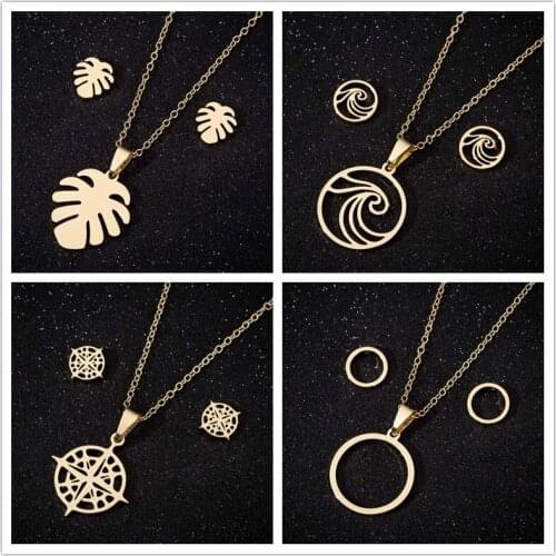 Oly2u Bohemian Hollow Gold Palm Leaf Jewelry Sets Stainless Steel Ocean Wave Earrings&Necklaces for Women Beach Accessories