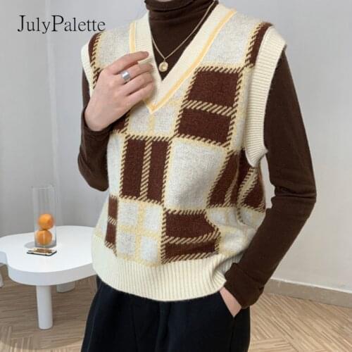 JulyPalette Vintage Plaid Sweater Waistcoat Women Knit Tops 2021 Autumn Winter Cotton Wool Knitted V-neck Vest Female Jumpers
