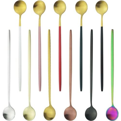 6Pcs Colorful Long Handle Cutlery Matte Stainless Steel Spoon Polished Stirring Drink Ice Cream Dessert Tea Spoon Dinnerware Set