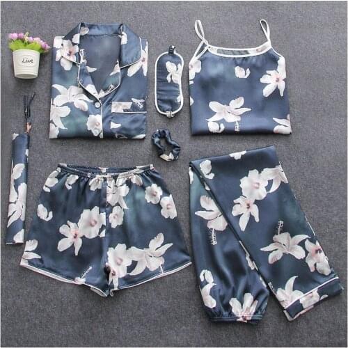 7 Pieces Womens Silk Satin Pajamas Sets Pyjamas Set Sleepwear Pijama Pajamas Suit Female Sleep Two Piece Set Loungewear