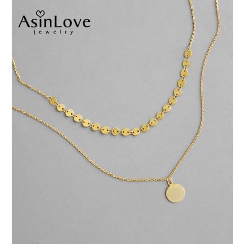 AsinLove Real 925 Sterling Silver Double Layer Round Pendant Necklace Unique Shining 18K Gold Necklace for Women Fine Jewelry
