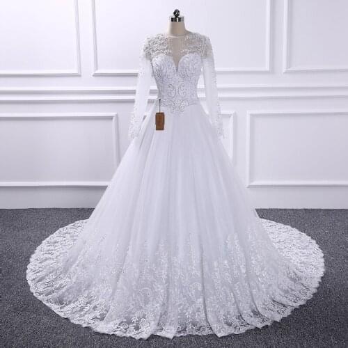 YIWUMENSA White Lace Crystals Beaded Ball Gown Bridal Princess Long Sleeves Robe De Marriage Women Bride Wedding Dresses 2021