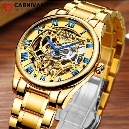 Carnival Automatic Self-Wind Male Watch Golden Dial Stainless Steel Casual Gold Mechanical Men Clock Reloj Relogio Masculino