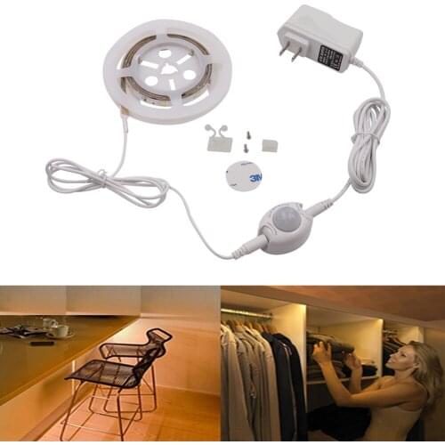 Motion Activated Sensor Bed Light Warm white 1.2M LED Strip Sensor Night Light 12V Cabinet Light with Automatic Shut Off Timer