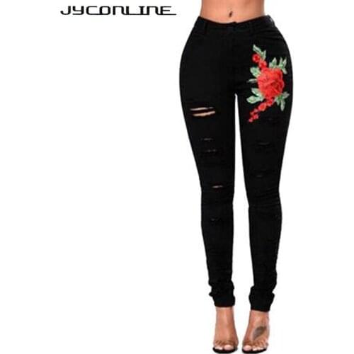 JYConline Stretch Embroidery Ripped Jeans Woman Skinny High Waist Jeans Female Pants Pencil Denim Pants Plus Size Women Jeans