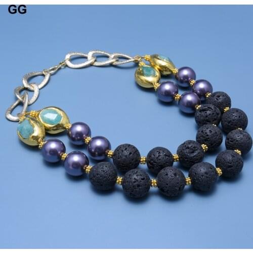 GuaiGuai Jewelry Punk Purple Shell Pearl Black Round Volcano Lava Gold Color Plated Amazonite Nugget Chain Necklace For Women