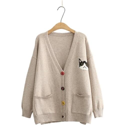 Women Cardigans Cartoon Cat Embroidery Casual Knitted Sweater 2021 Winter Long Sleeve V-neck Multicolor Button Preppy Style Top