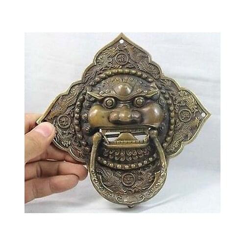 6" China Chinese Folk Home Copper Fu Foo Dog Lion Head Door knocker Statue