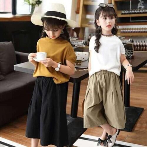 Teenage Girls Clothes Sets Short Sleeve Tops + Loose Wide Leg Pants Summer Kids Clothing Toddler Children Outfits 8 10 12 14Year
