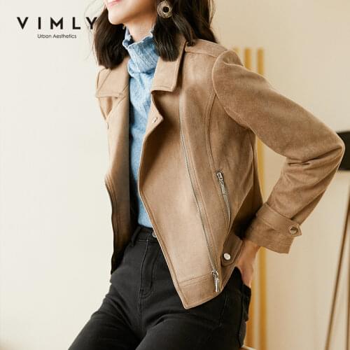 Vimly Autumn Winter Leather Jacket Women Turn-down Collar Solid Zipper Fashion Coat Casual Femme Veste F1603
