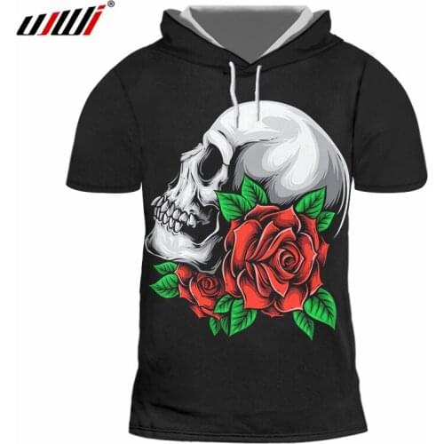 UJWI Fashion Men Funny Print Rose flower Skull 3d Hooded Tshirt Cap T-shirt Male Short Sleeve O Neck Drawstring Hoody Tracksuits