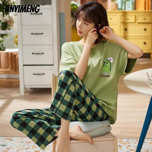 New Sleepwear Cartoon Cotton Pajamas for Women Long Pants Short Sleeved Summer Spring Loungewear Fashion Home Clothing Homewear