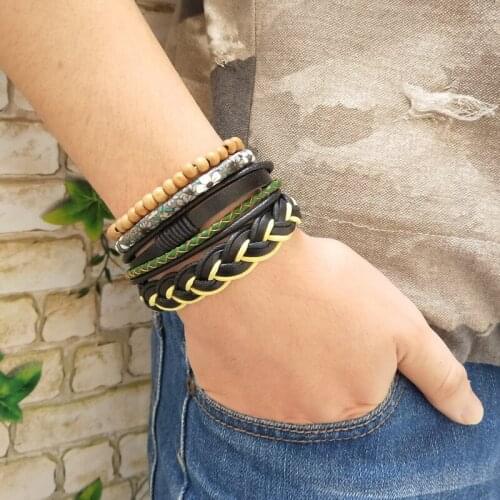Diverse Color 4Pcs/set Wood Beads Charm Handmade Woven Men Leather Bracelets Women Vintage Bangle Male Homme Jewelry Accessories