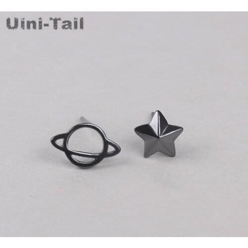 Uini-Tail hot sweet 925 sterling silver planet five-pointed star stud earrings asymmetric black gold earrings girl favorite