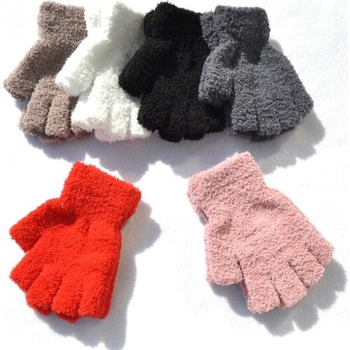 Student winter warm knitted plush gloves half fingerless half finger gloves coral fleece material