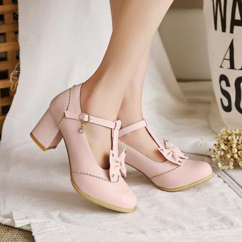 Gothic Lolita Shoes Big Size 48 Pink White Women Pumps High Heels Butterfly-knot Mary Janes Shoes for Party Square Heel