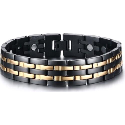 Vintage New fashion black gold color stainless steel jewelry charm bangle magnet mens bracelets boyfriend gift