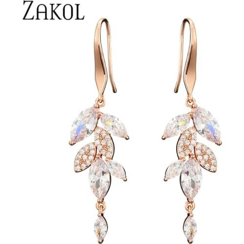 ZAKOL Fashion Ladies Branch Clear Cubic Zirconia Long Dangle Earrings Luxury for Women Leaf Hook Ear Party Wedding Jewelry