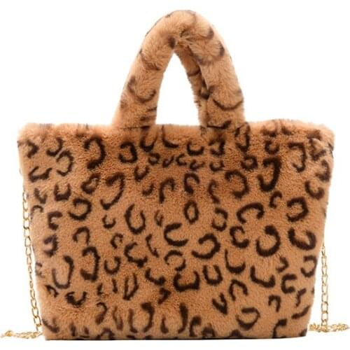 Female Winter Fluffy Warm Makeup Bag Cute Canvas Purses Women Leopard Plush Tote Handbags Faux Fur Chain Shoulder Messenger Bags