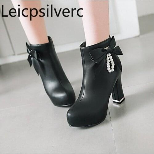 Womens Boots winter The New Round head butterfly Knot zipper String Bead High heel Short tube Womens shoes plus size 34-43
