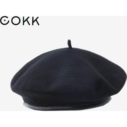COKK Wool Beret Autumn Winter Hats For Women Solid Color Flat Painter Cap Woolen Beret With Pu Leather Boina Feminina Beanie Hat