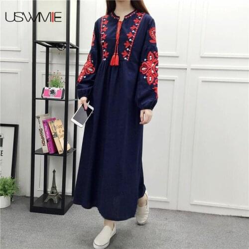Women Dress Spring National Style Embroidery Linen Lantern Sleeve Solid Color Vestidos Lace High Waist Plus Size Vintage Dress