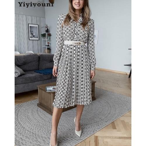 Yiyiyouni Spring Elegant Printing Ruffles Dress with Belt Women Long Sleeve Mid-calf Dress Women Chiffon Party Dress Female 2021