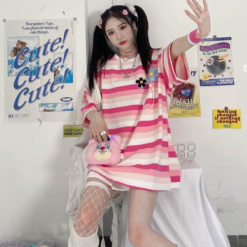 100% Cotton Summer Striped T Shirt Cute Girls Clothes Red Kawaii Funny Tees Cool Korean O-Neck Loose High Street T Shirt Females