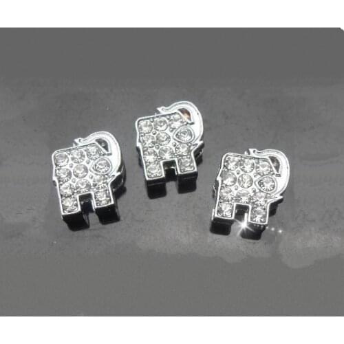 8mm Alloy Silver Rhinestone Crystal Elephant Slide Charms Beads DIY Accessories Handmade Bracelets Belt Strips Pet Name Collar