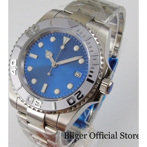 40mm 24 Jewels NH35 BLIGER Automatic Men Watch Blue Sunburst Steile Dial without Magnifier Oyster Strap Brushed Insert