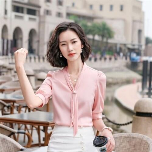 Half Sleeve Chiffon Blouses Shirts Elegant Pnk V-neck Spring Summer Work Wear Blouse Office Ladies Female Clothes Tops Plus Size