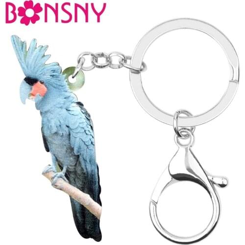 Bonsny Acrylic Elegant Blue Palm Cockatoo Bird Key Chain Keychain Rings Fashion Animal Jewelry For Women Girls Gift Decoration