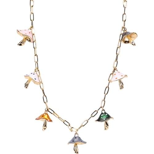 New Cute Handmade Colorful Shiny Mushroom Pendant Necklace for Women Girls Gold Chain Chokers Accessories New Year Jewelry Gifts