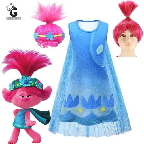 Kids Costumes Trolls 2 Dress for Girls Trolls Poppy Halloween Costumes for Kids Cloak Carnaval Fancy Dress Girl Wig