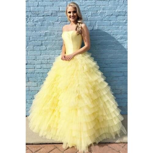 Elegant Yellow Ball Gown Tiered Prom Dresses Long Strapless Formal Evening Party Gowns Robe De Soiree