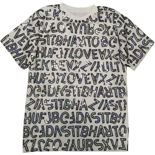 INS Chic Women Sequined T-Shirt English Letters Short Sleeves Top Long Tee Summer Thailand Party Casual Loose T Dress