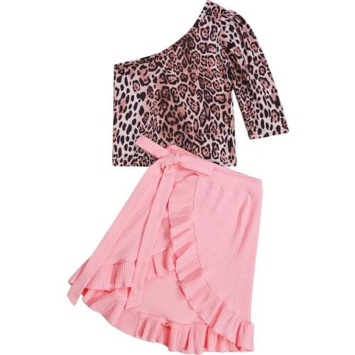 Wallarenear 1-6Years Toddler Girls 2Pcs Summer Clothes Long Sleeve One Shoulder Leopard Tops + Tie Wrap Skirt Set