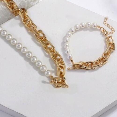 Lifefontier Vintage Thick Metal Chain Pearl Necklaces for Women Real Gold Plated Copper Geometric Chain Necklace Jewelry Gift