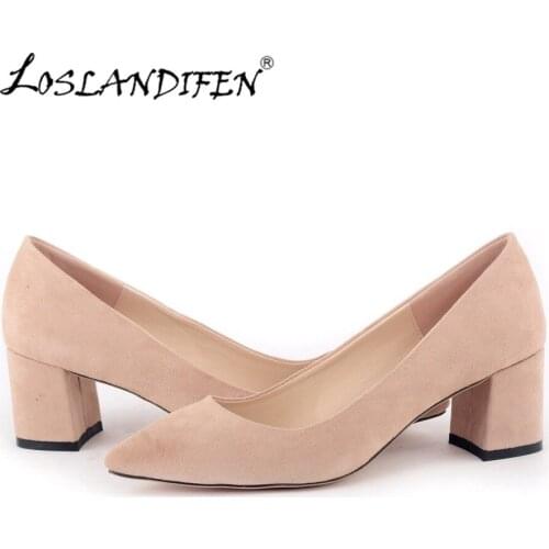LOSLANDIFEN Autume Fashion Thick High Heels Shoes Elegant Wedges Office Pumps Pointed Toe Boat Girl Wedding