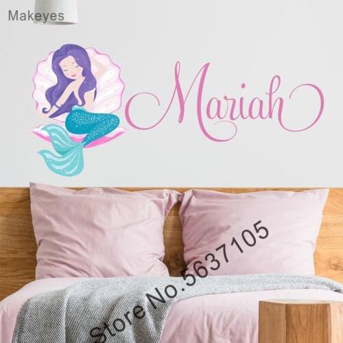 Makeyes Mermaid Custom Name Wall Stickers Vinyl Kids Bedroom Home Wall Decals Baby Girls Personalized Names Wallpaper Art Q606