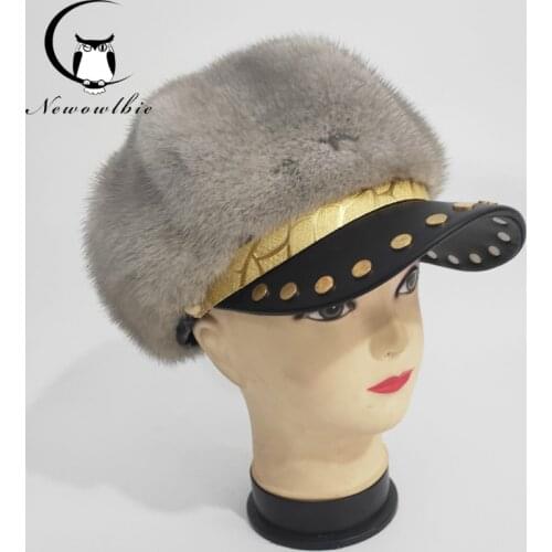Fur Hat Winter Warm Natural Mink Fur Hats for Women Classic Luxury Caps Earflap Christmas Hat Thermal octagonal hat with brim