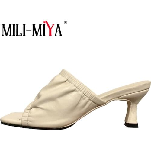 MILI-MIYA Fashion Brand Square Peep Toe Mid Heel Slippers Women Slip On Sandals Outdoor Summer Elegant Pleated Shoes Beige