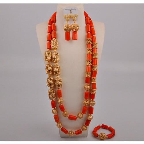 New Arrived Orange Nigerian Coral Beads Long Necklace for Men African Beads Jewelry Set Dubai Gold Bridal Set
