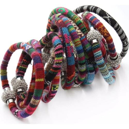 Lacoogh New Handmade Multicolor Knitted Ethnic Retro Bohemia Bangles Female Shambhala Magnetic Button Charms Bracelets for Women