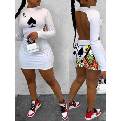 Slim Fit Long Sleeve Dress Woman 2020 Red White Poker Print Backless Bodycon Dress Club Party Sexy Mini Chic Summer Women Cloth