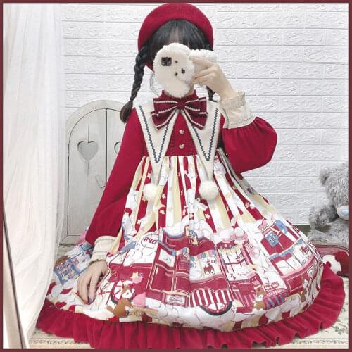 Autumn Winter Japanese Women Sweet Lolita Dress Cute Christmas New Year Op Long Sleeve Dress Girls Plush Ball Bow Party Dresses